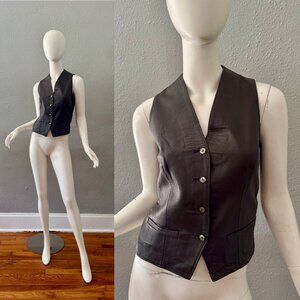 Vintage 70s Brown Genuine Leather Sweater Button Vest Top M